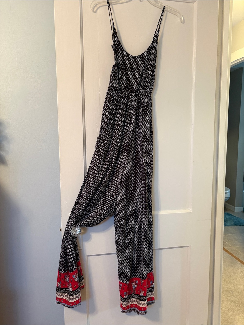 Women's Black Patterned Wide-Leg Jumpsuit with Red Border
